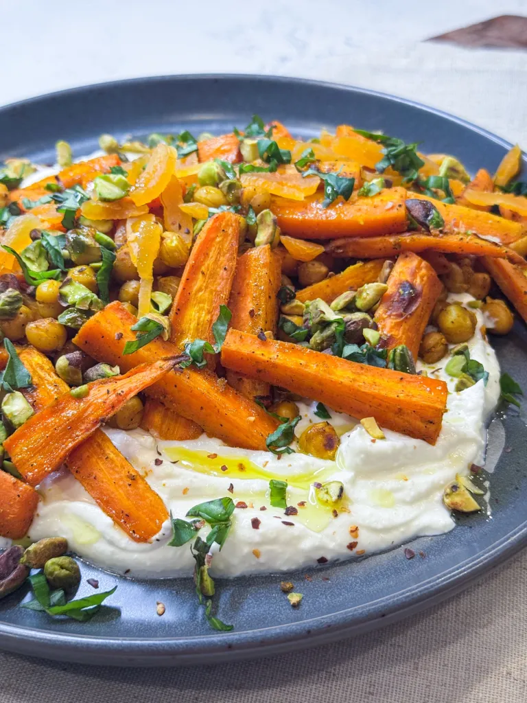 Roasted Carrots and Chickpeas over Whipped Feta
